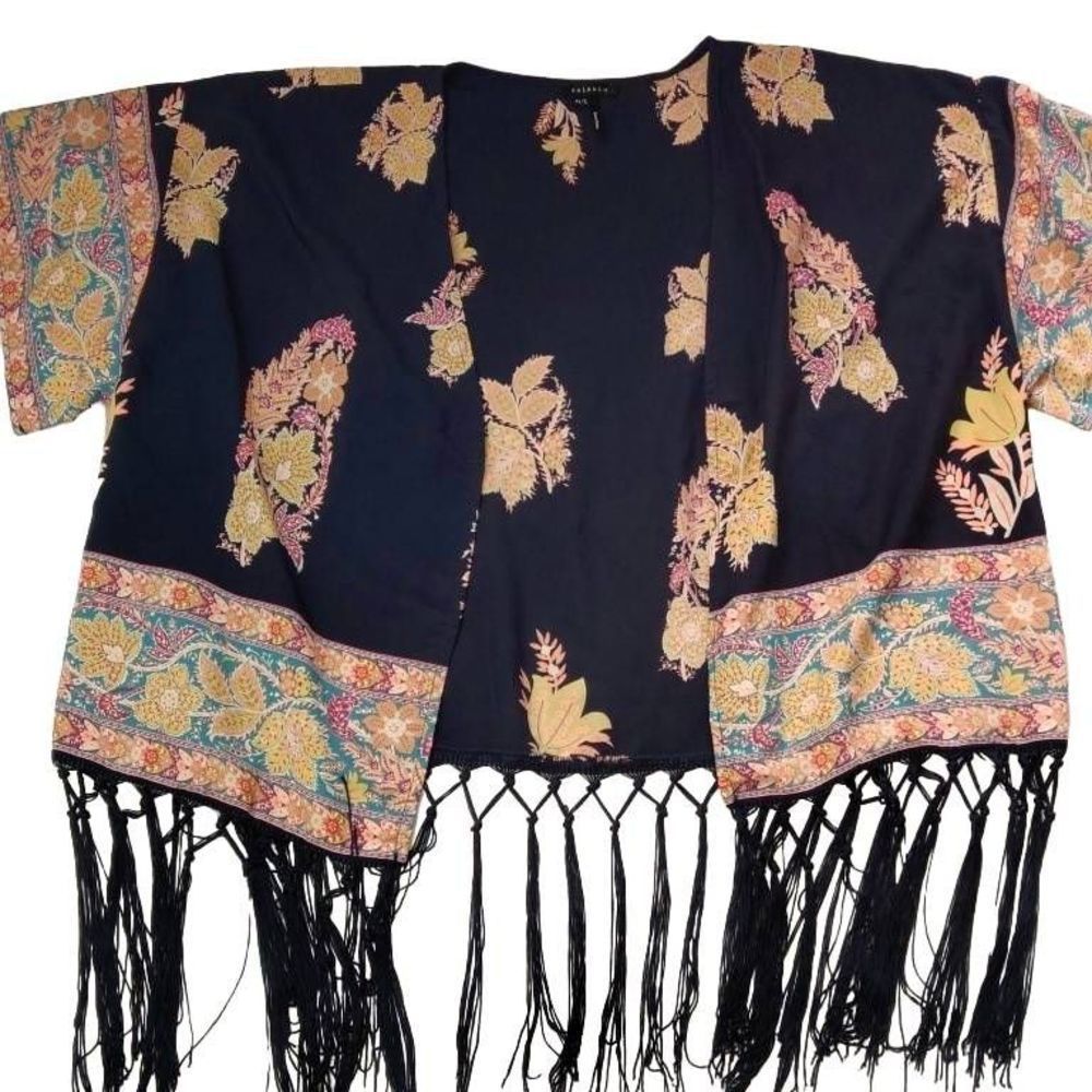 Soieblu Navy Floral Fringed Wrap Kimono Style Coverup